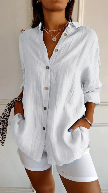 Women's Button-Down Long Sleeve Shirt – Relaxed Fit with Lapel Collar