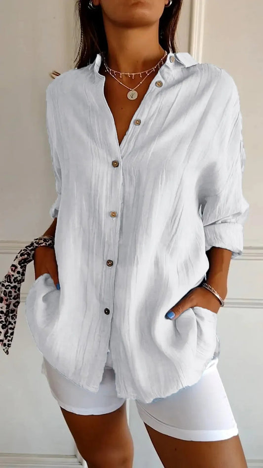 Women's Button-Down Long Sleeve Shirt – Relaxed Fit with Lapel Collar