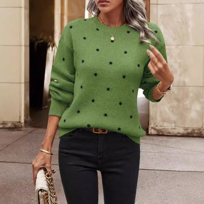 Women’s Pullover Sweater – Soft Knit Wool Blend – Relaxed Fit – Polka Dot – Round Neck