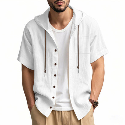 Men’s Hooded Shirt – Linen Blend – Relaxed Fit – Short Sleeve – Button-Up Casual Top