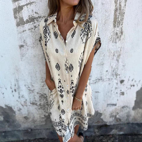 Women’s Shirt Dress – Relaxed Fit – Bohemian Print – Natural Fibers – Mini Length
