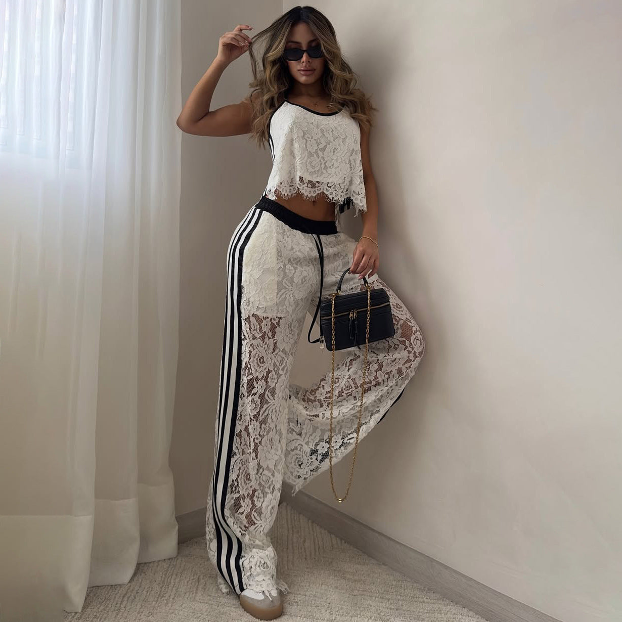 Women’s Two-Piece Set – Lace Camisole Crop Top – Drawstring Waist Sheer Trousers