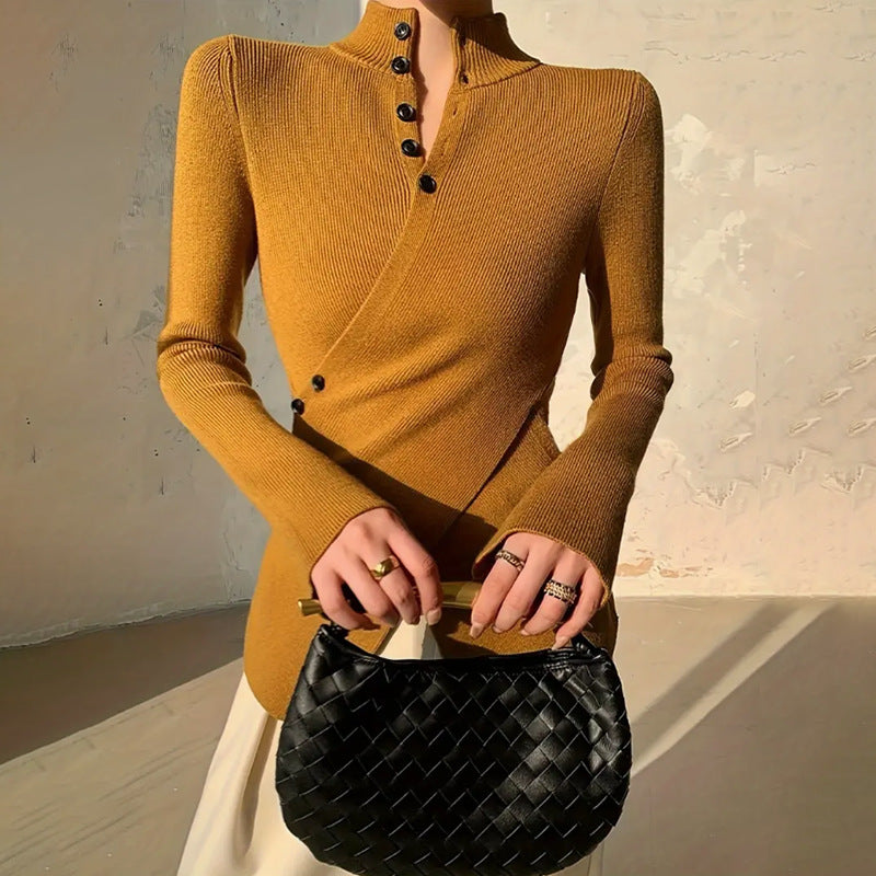 Women’s Knit Top – Slim Fit – High Neck – Asymmetric Hem – Long Sleeve – Button Detail