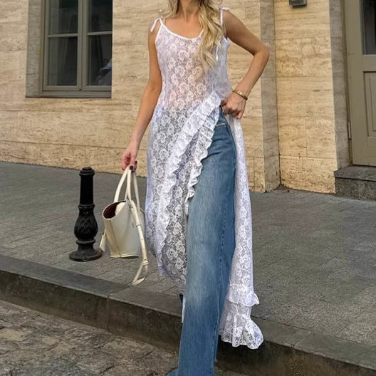 Women’s Lace Dress – A-Line Fit – V-Neck – Tie Shoulder – Side Split – Ruffle Trim