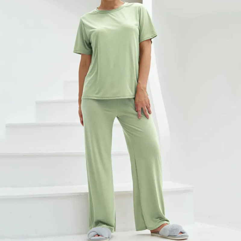 Women’s Lounge Set – Cropped Short Sleeve Top – Wide-Leg Trousers – Soft Breathable Fabric