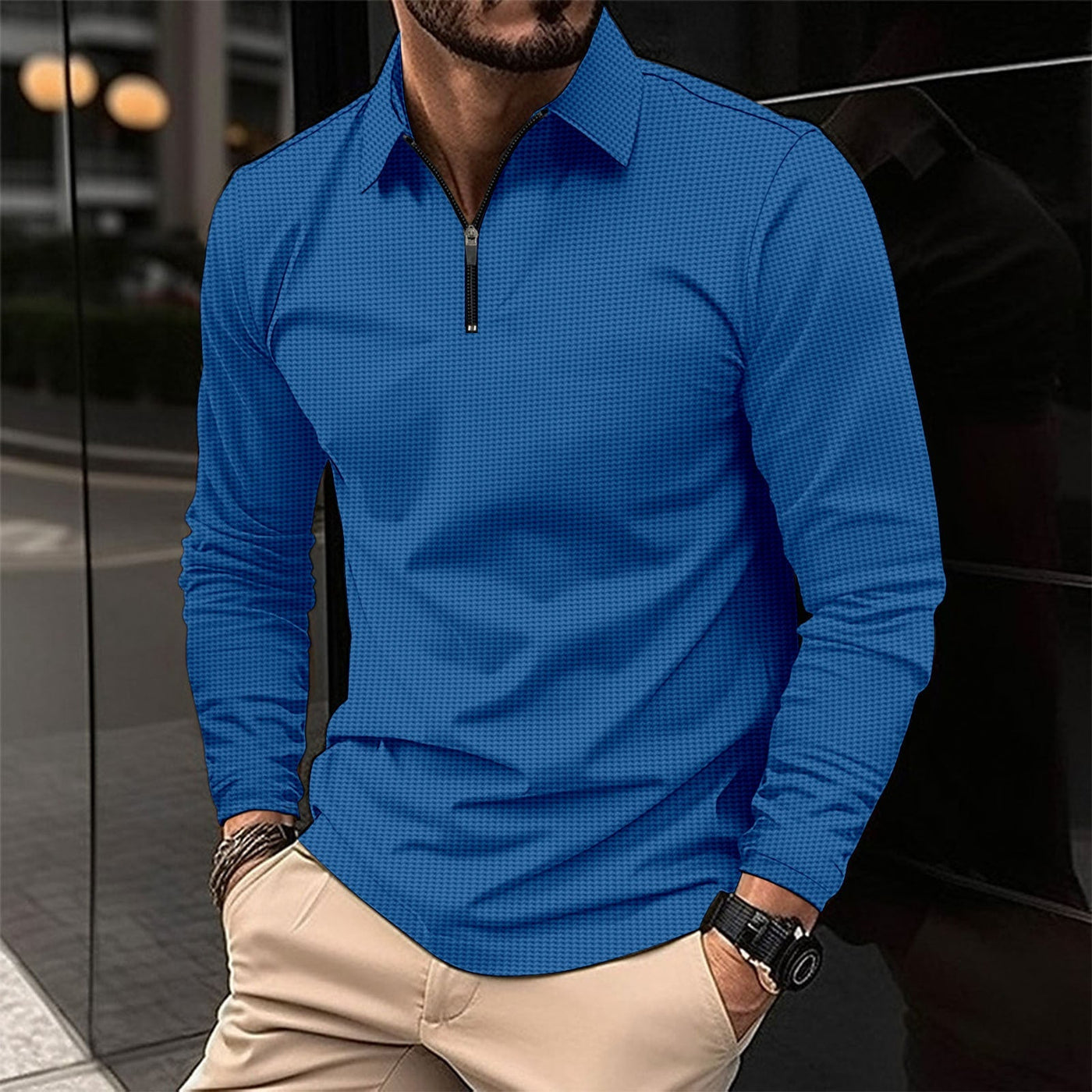 Men’s Long Sleeve Shirt – Slim Fit – Zip Collar – Stretch Fabric