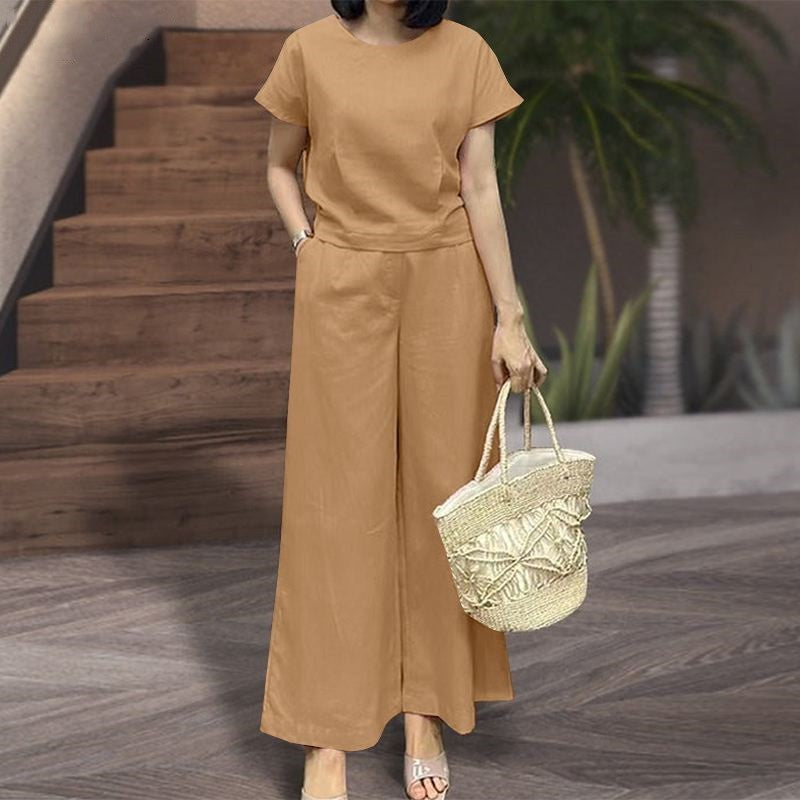 Women’s Two-Piece Set – Relaxed Fit – Soft Knit – Crew Neck Top – Wide-Leg Trousers