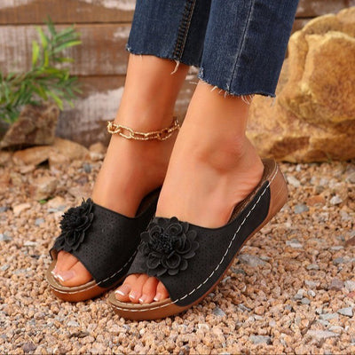 Women’s Wedge Sandals – Open Toe – Perforated Upper – Floral Accent – Cushioned Footbed