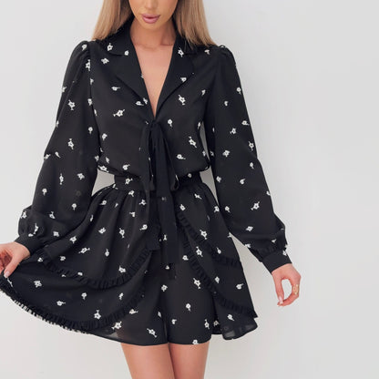 Women’s Two-Piece Dress Set – Chiffon – V-Neck Top – Long Sleeve – Ruffle Mini Skirt