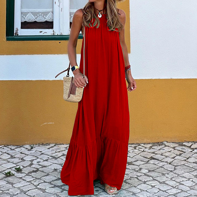 Women’s Beach Dress – Flowing Fit – Sleeveless Halter – Natural Fibers – Tiered Hem