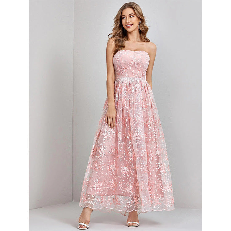 Women’s Evening Dress – Strapless Fit – Lace Embroidery – Full-Length Flowy Silhouette
