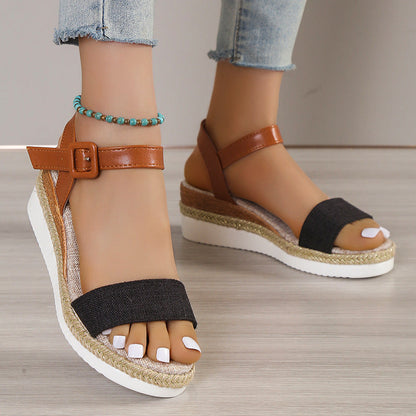 Women’s Wedge Sandals – Faux Leather – Jute Platform – Open Toe – Buckle Strap