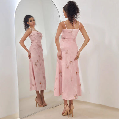 Women’s Midi Dress – Satin Feel – A-Line Fit – Strappy Draped Floral Formal Wear