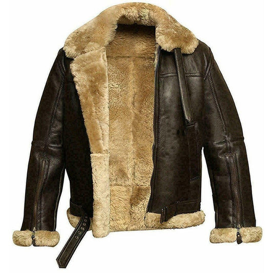 Men’s Coat – PU Leather – Plush Lined – High Collar – Waist Strap – Zip Sleeves