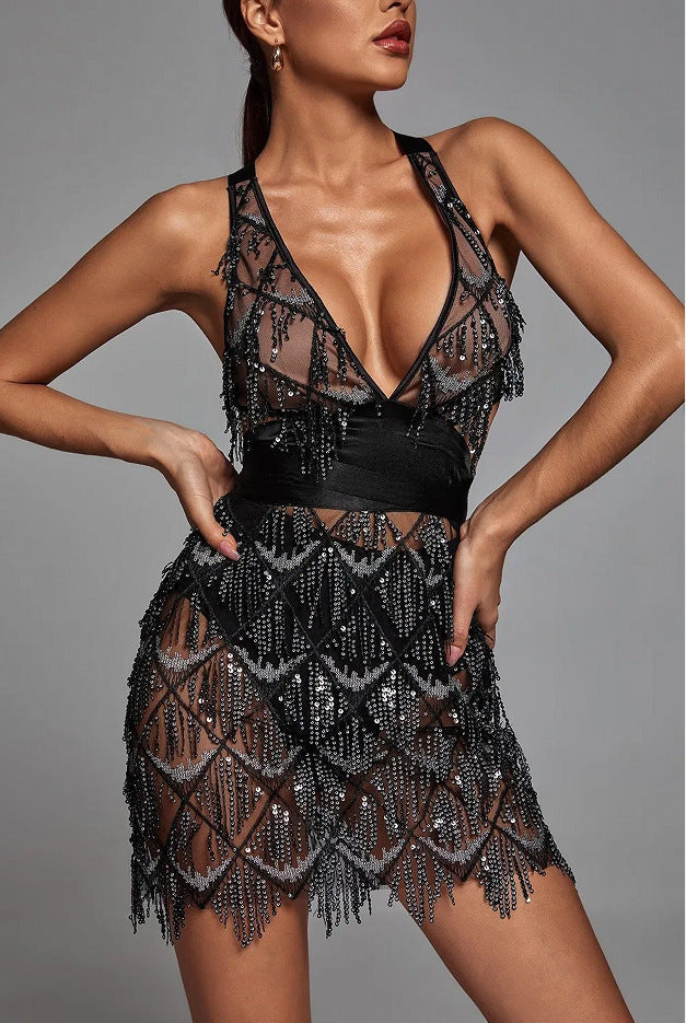 Women’s Midi Dress – Fitted Silhouette – Sequin Tassel Detail – Plunging V-Neck