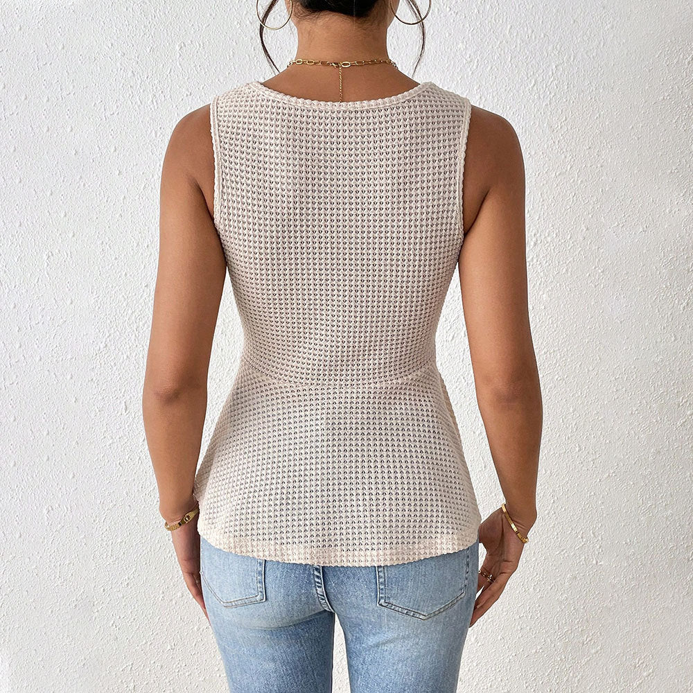 Women’s Sleeveless Top – Slim Fit – V-Neck – Knot Front – Flared Hem – Soft Knit