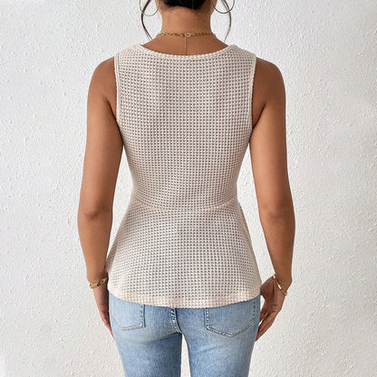 Women’s Sleeveless Top – Slim Fit – V-Neck – Knot Front – Flared Hem – Soft Knit