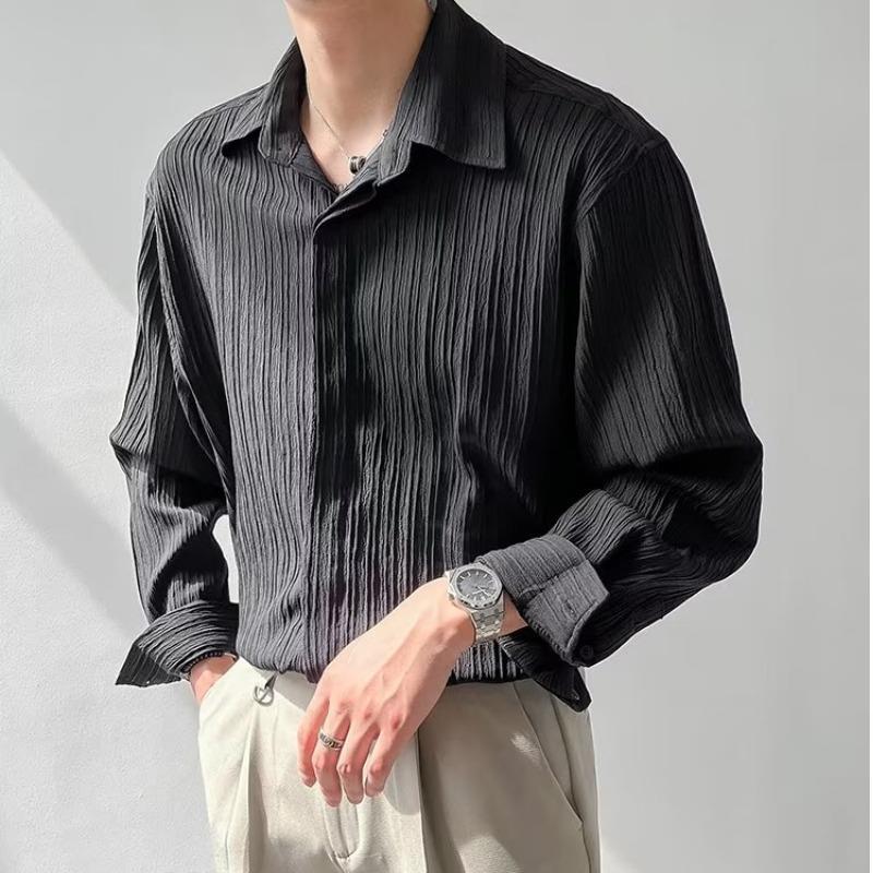 Men's Long Sleeve Shirt – Relaxed Fit – Textured Crinkle Fabric – Button Down Collar