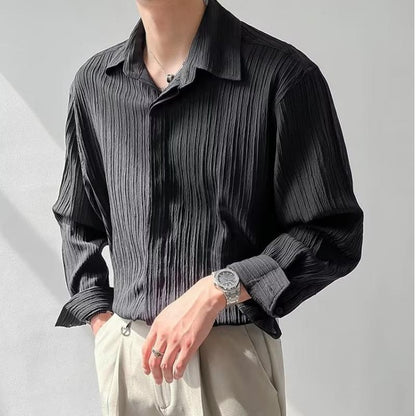 Men's Long Sleeve Shirt – Relaxed Fit – Textured Crinkle Fabric – Button Down Collar