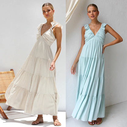 Women’s Maxi Dress – Flowing A-Line Fit – Tiered Skirt – Ruffled Straps – V-Neck – Breathable Blend