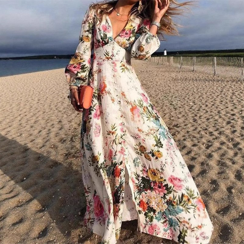 Women’s Maxi Dress – Flowing A-Line Fit – Deep V-Neck – Long Sleeve – Floral Print