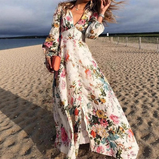 Women’s Maxi Dress – Flowing A-Line Fit – Deep V-Neck – Long Sleeve – Floral Print