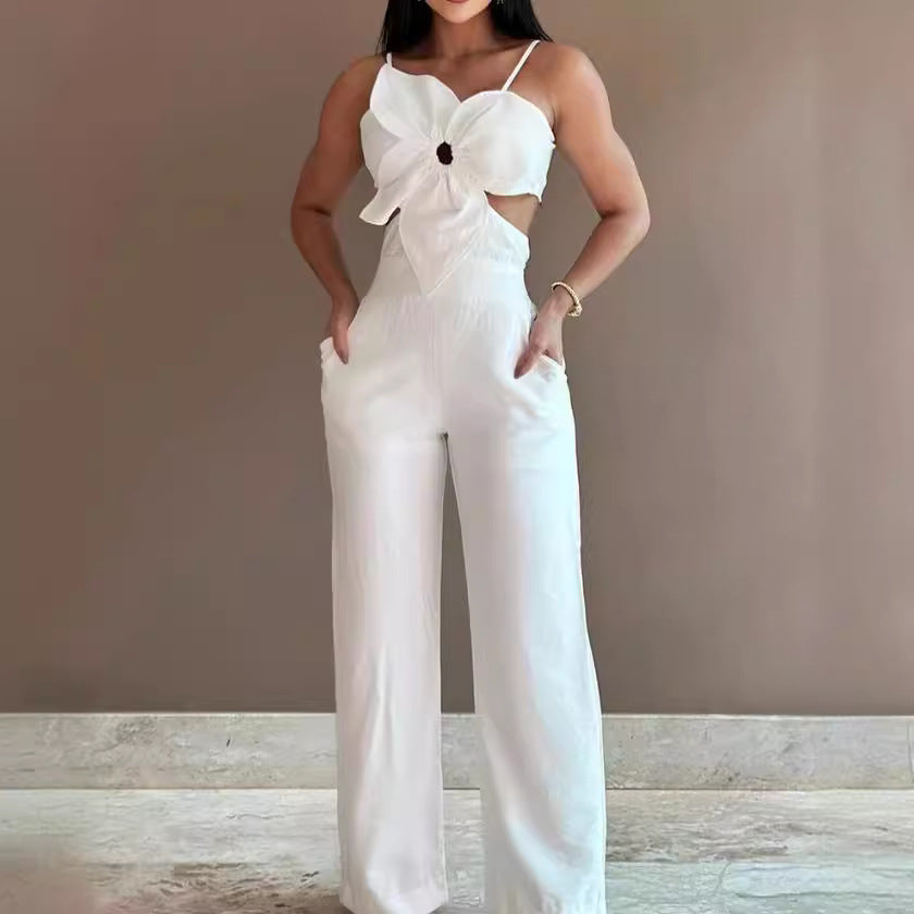 Women’s Jumpsuit – Fitted Bodice – Wide Leg – Backless – Bow Front – Cut-Out Detail