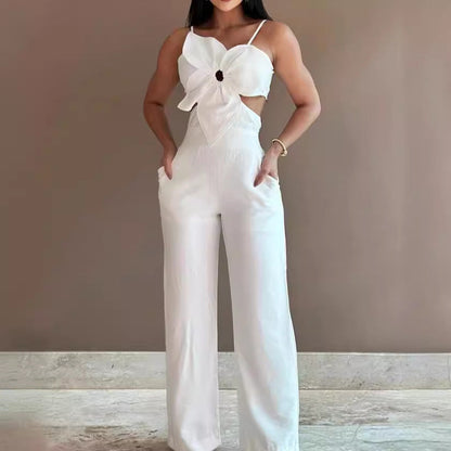Women’s Jumpsuit – Fitted Bodice – Wide Leg – Backless – Bow Front – Cut-Out Detail