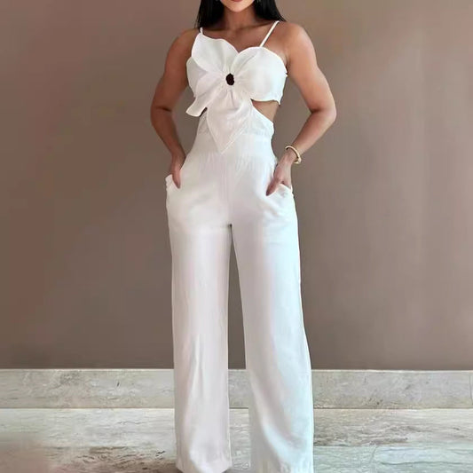 Women’s Jumpsuit – Fitted Bodice – Wide Leg – Backless – Bow Front – Cut-Out Detail