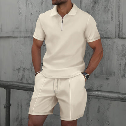 Men’s Polo Shirt and Short Set – Cotton Blend – Regular Fit – Zipper Neck – Short Sleeve Casual