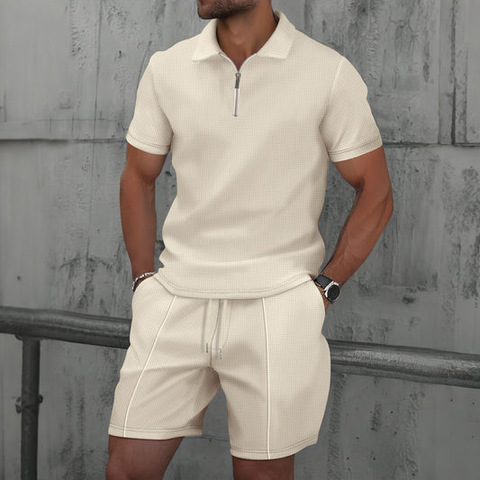 Men’s Polo Shirt and Short Set – Cotton Blend – Regular Fit – Zipper Neck – Short Sleeve Casual