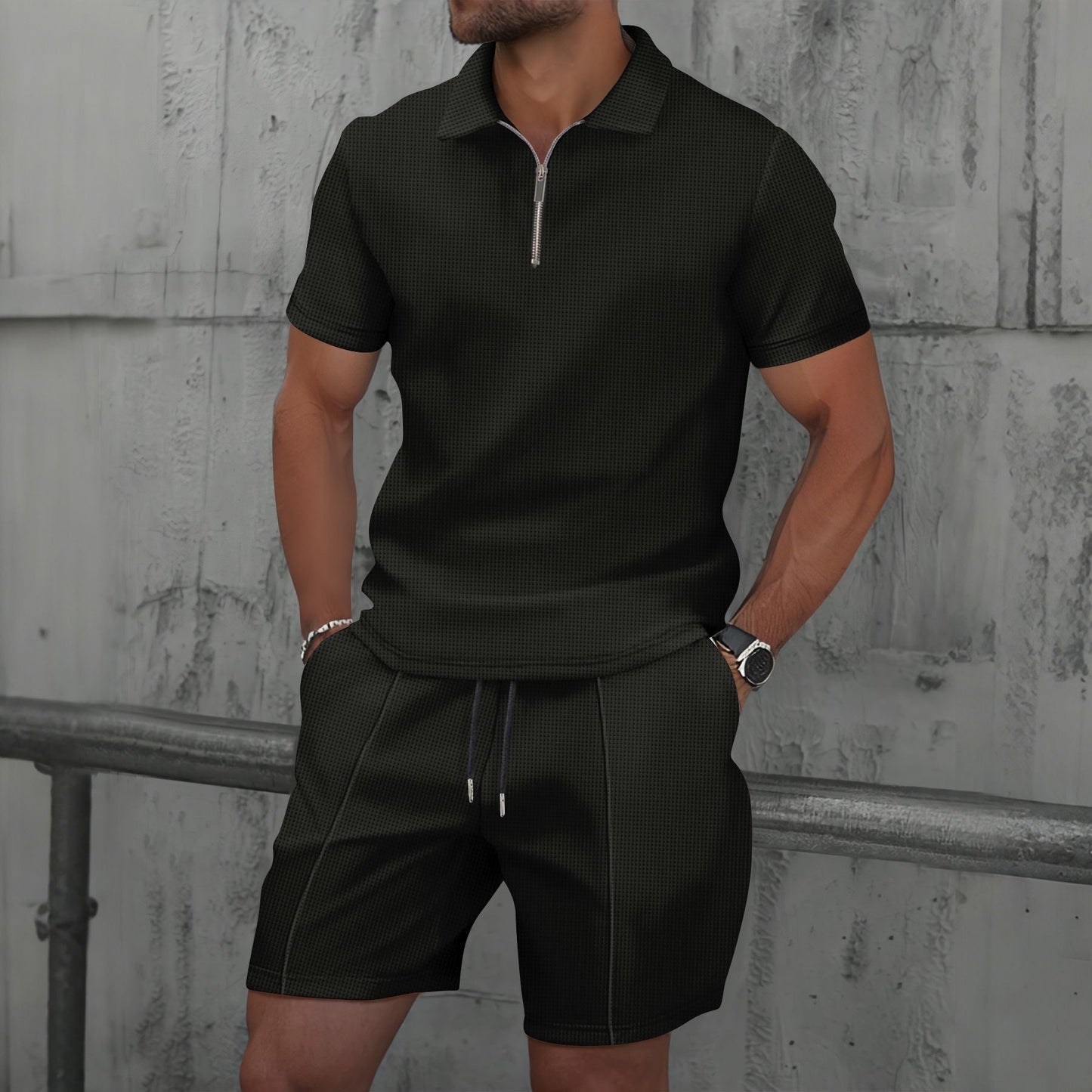 Men’s Polo Shirt and Short Set – Cotton Blend – Regular Fit – Zipper Neck – Short Sleeve Casual