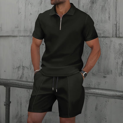 Men’s Polo Shirt and Short Set – Cotton Blend – Regular Fit – Zipper Neck – Short Sleeve Casual