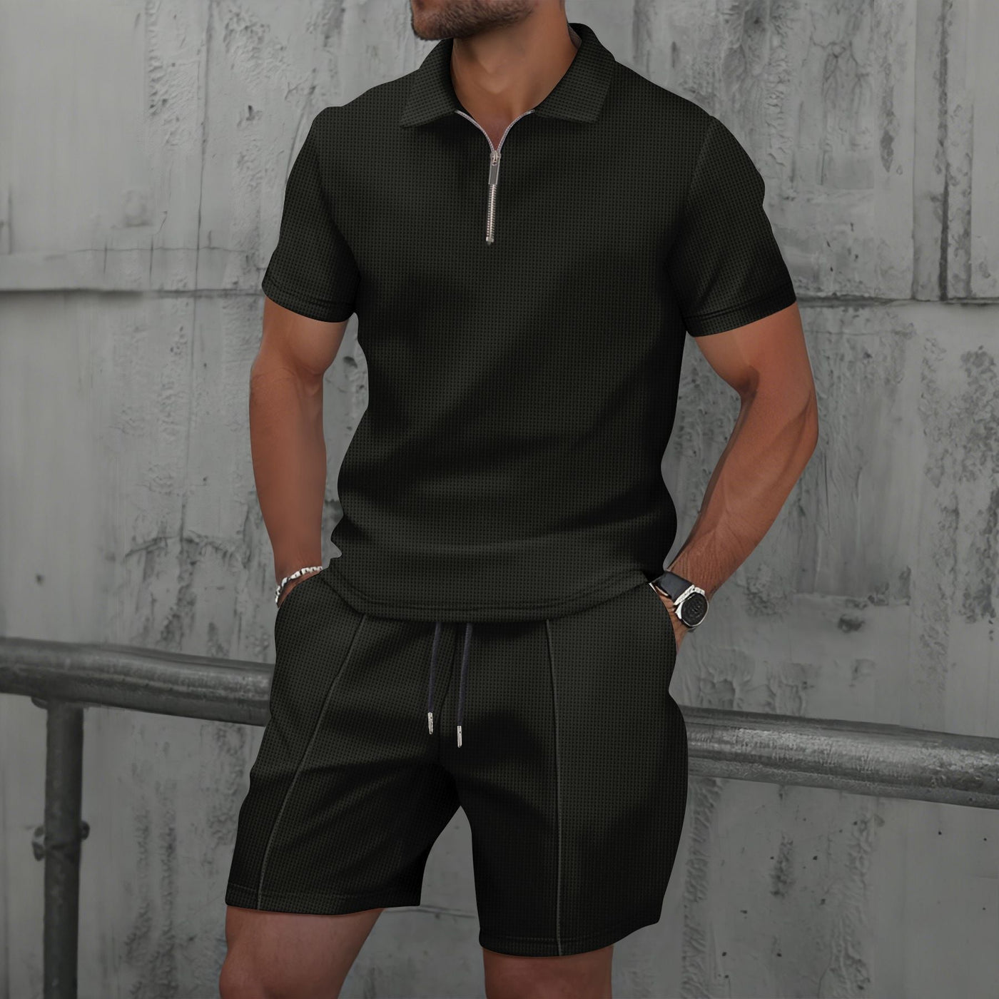Men’s Polo Shirt and Short Set – Cotton Blend – Regular Fit – Zipper Neck – Short Sleeve Casual