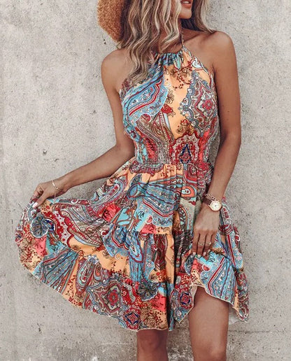 Women’s Halter Neck Midi Dress – Flowy Fit – Cotton Blend – Elastic Waist – Printed