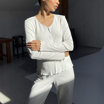 Women’s Pajama Set – Soft Cotton – Relaxed Fit – Button Front Top – Full-Length Pants