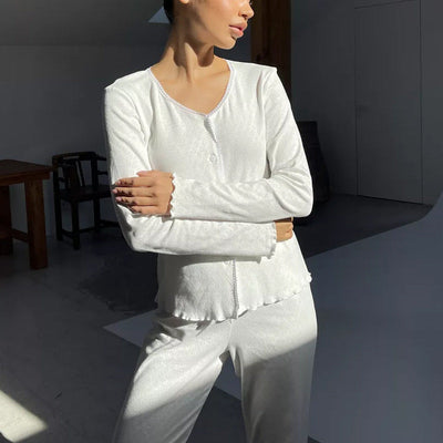 Women’s Pajama Set – Soft Cotton – Relaxed Fit – Button Front Top – Full-Length Pants