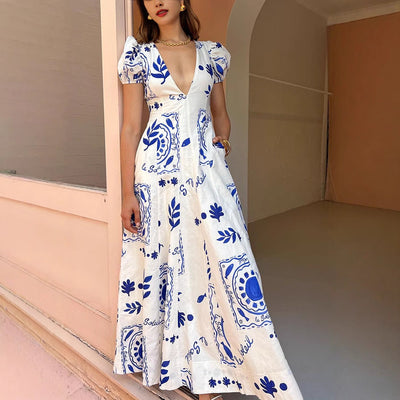 Women’s Maxi Dress – V-Neck – Puff Sleeve – Fitted Bodice – Lightweight Cotton Blend