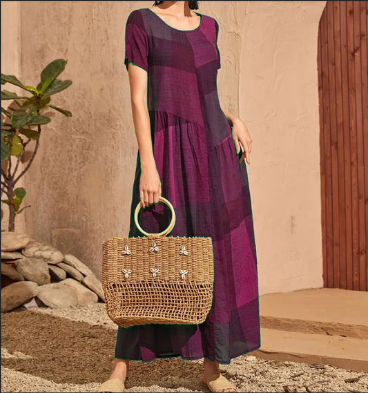 Women’s Long Dress – A-Line Loose Fit – Cotton – Plaid Print – Short Sleeve Casual