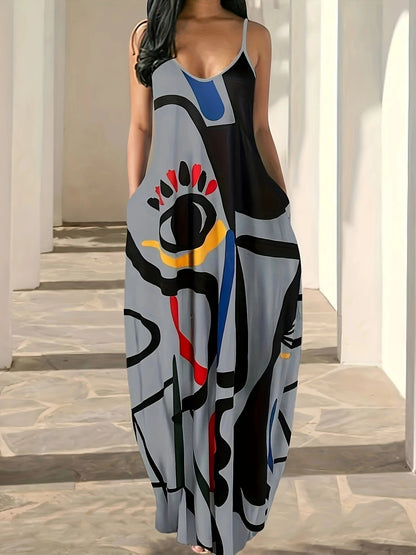Women’s Maxi Dress – Abstract Print – Spaghetti Strap – Loose Fit – Cotton Blend
