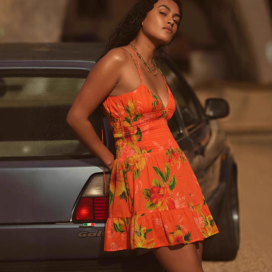 Women’s Sundress – Lightweight – Smocked Waist – Floral Print – Ruffle Hem