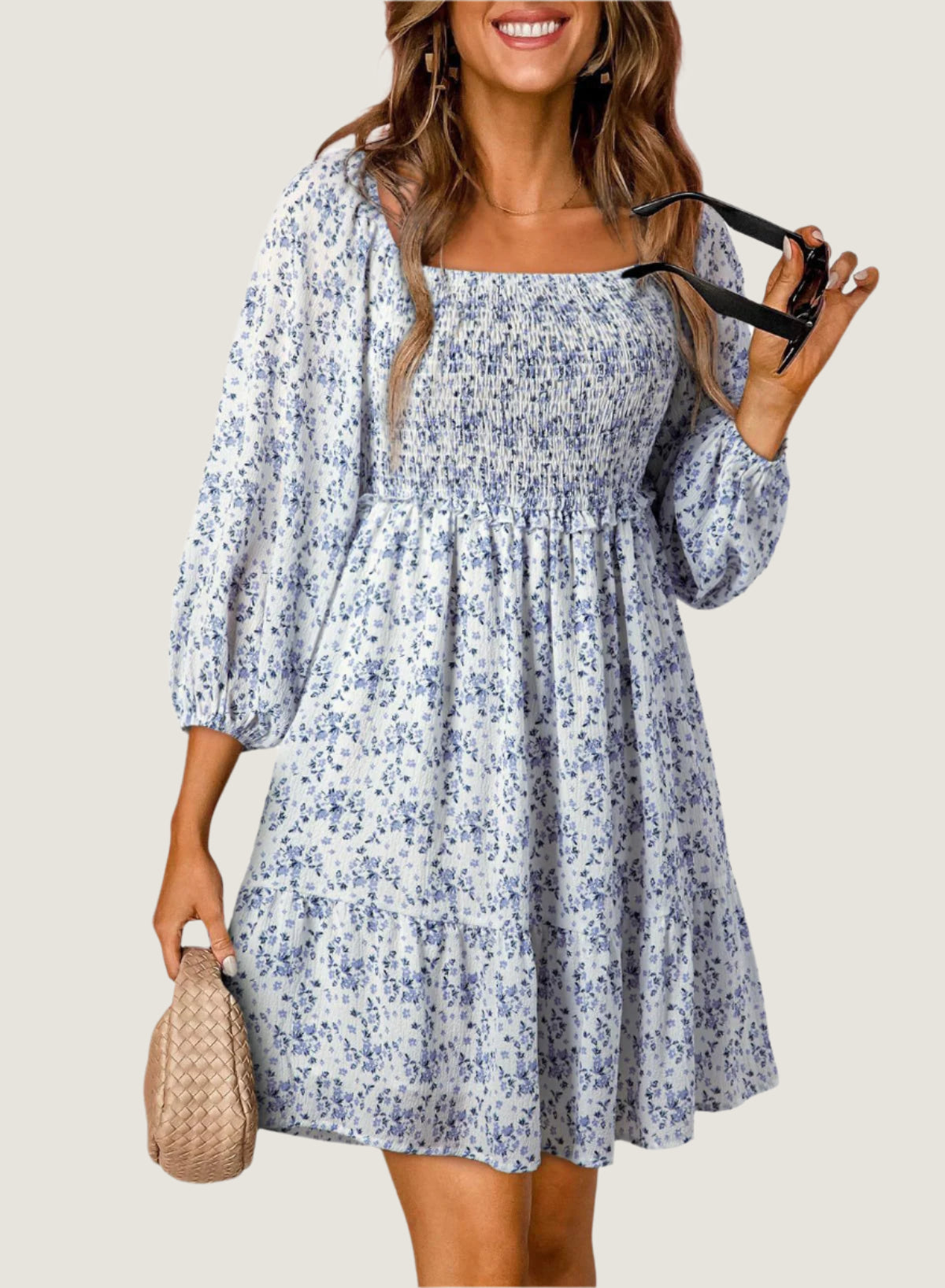 Women’s A-Line Mini Dress – Cotton Blend – Shirred Bodice – Square Neck – Floral Print