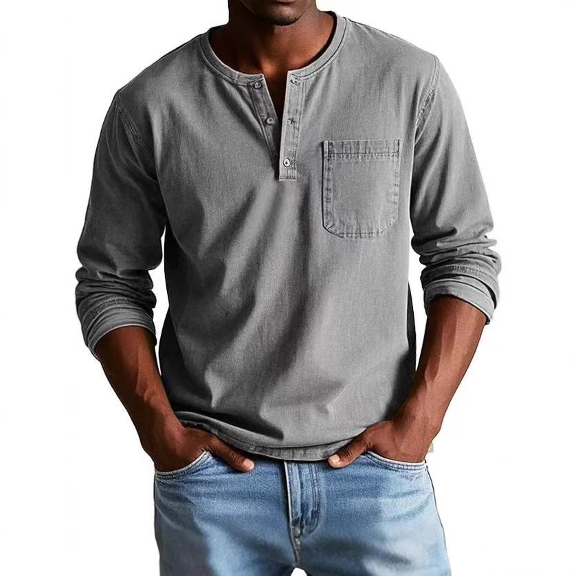 Men’s Long Sleeve T-Shirt – Slim Fit – Breathable Blend – Button Neck with Pocket