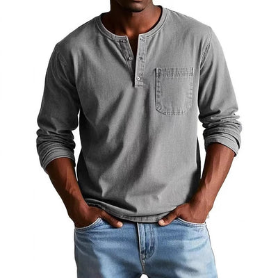Men’s Long Sleeve T-Shirt – Slim Fit – Breathable Blend – Button Neck with Pocket