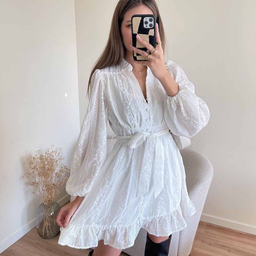 Women’s Mini Dress – Tie Waist – Ruffle Hem – Long Balloon Sleeves – Breathable Blend