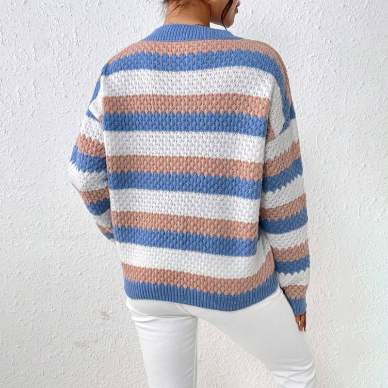 Women’s Knitted Sweater – Relaxed Fit – Chunky Knit – Striped Casual Pullover