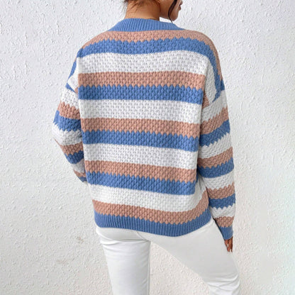 Women’s Knitted Sweater – Relaxed Fit – Chunky Knit – Striped Casual Pullover