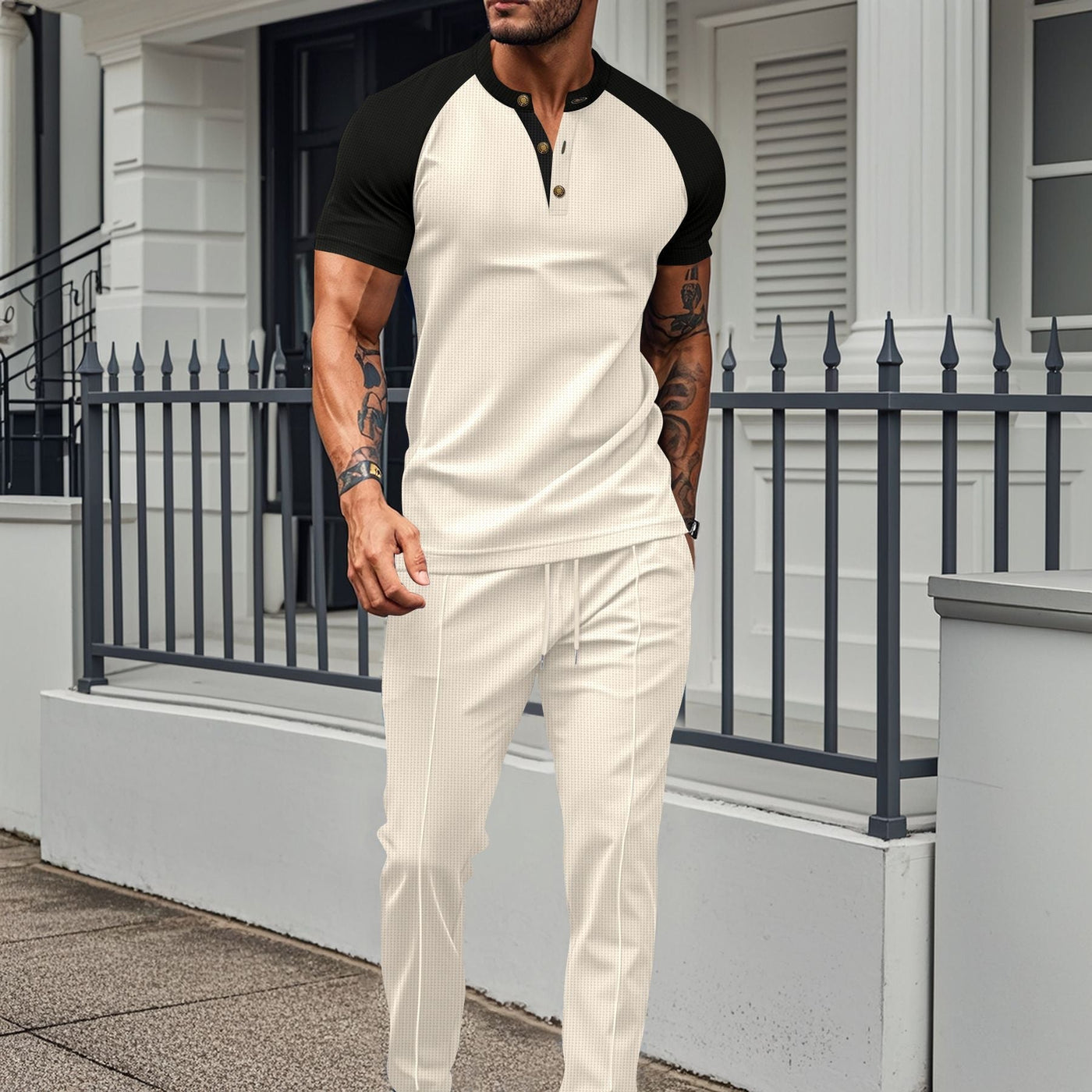 Men’s Two-Piece Set – Short-Sleeve Shirt – Color Block – Athletic Fit – Stand Collar – Stretch Fabric