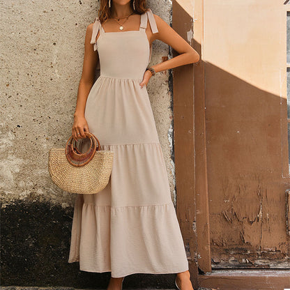 Women’s Maxi Dress – Cotton Blend – Sleeveless Tiered – Relaxed Fit with Tie Straps