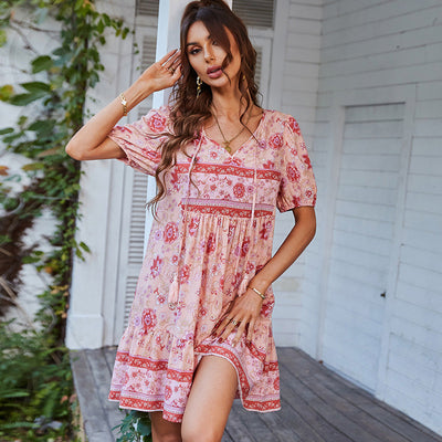 Women’s Mini Dress – A-Line Fit – V-Neck – Puff Sleeve – Floral Print